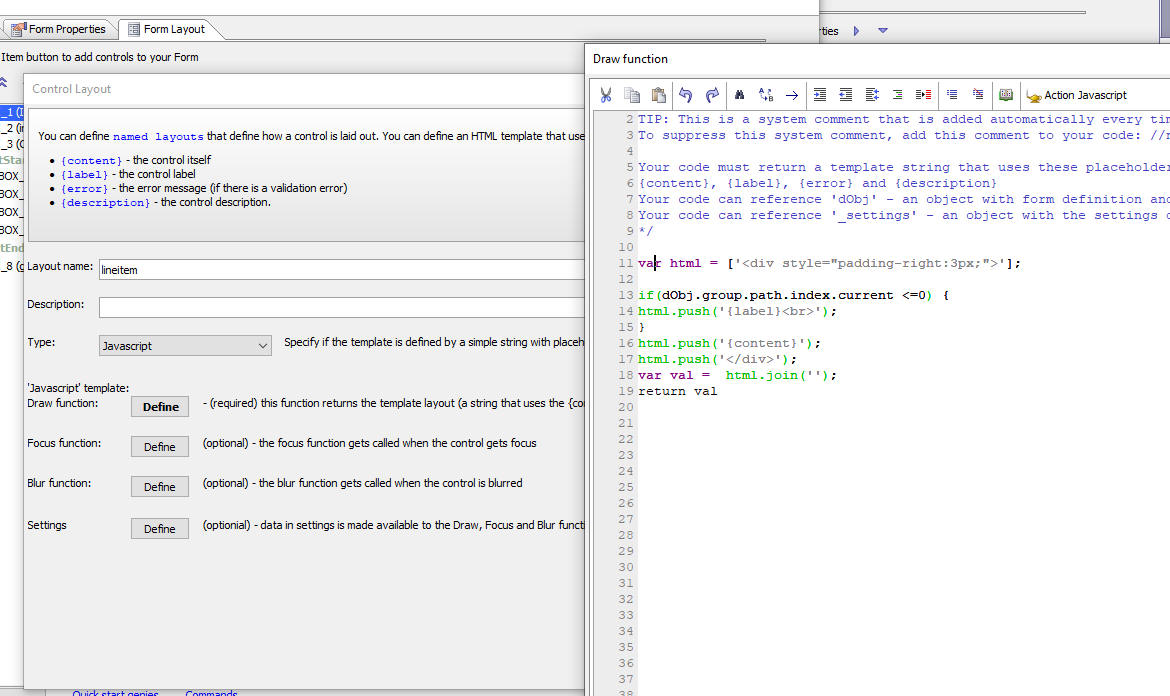 The Layout builder in Javascript mode.